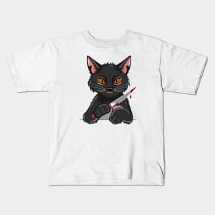 Bloody Knife in the Paw of a Black Cat Kids T-Shirt